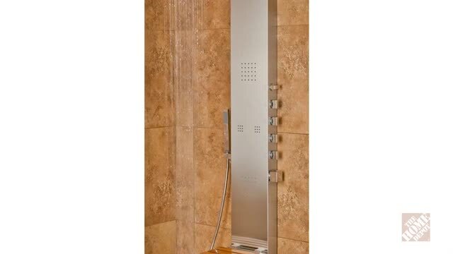 Oahu 4-Jet Shower System with Folding Teak Seat and Matte Stainless Steel Panel with Polished Chrome Fixtures Oahu 4-Jet Shower System with Folding Teak Seat and Matte Stainless Steel Panel with Polished Chrome Fixtures