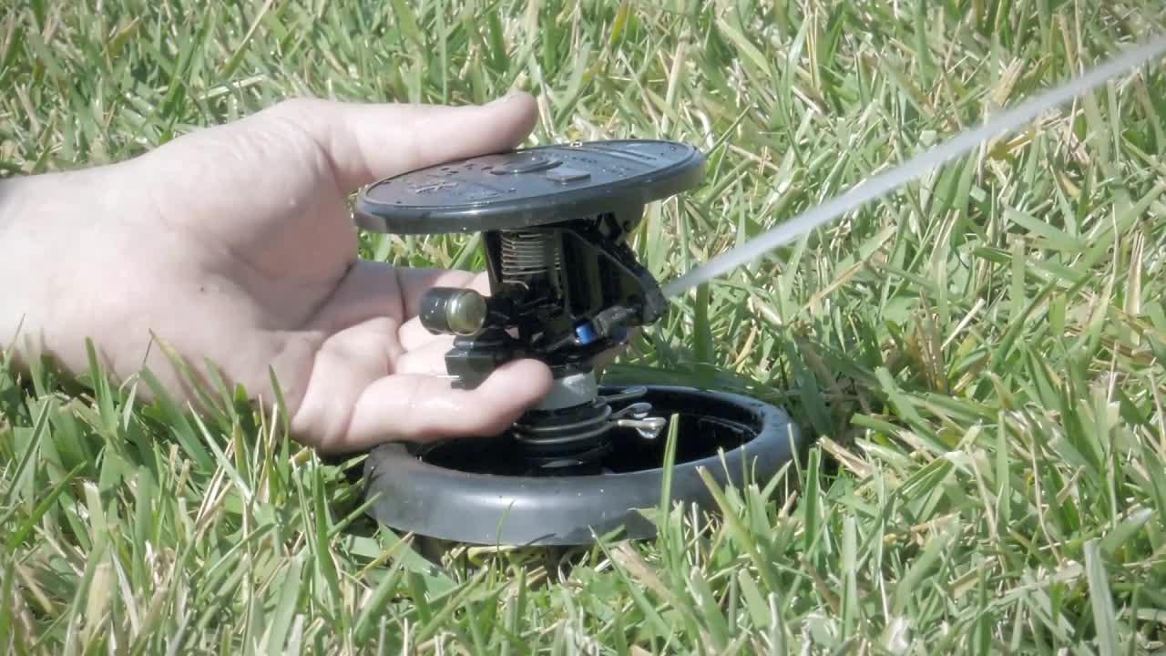 Impact sprinkler on lawn in action. Impulse sprinkler head with