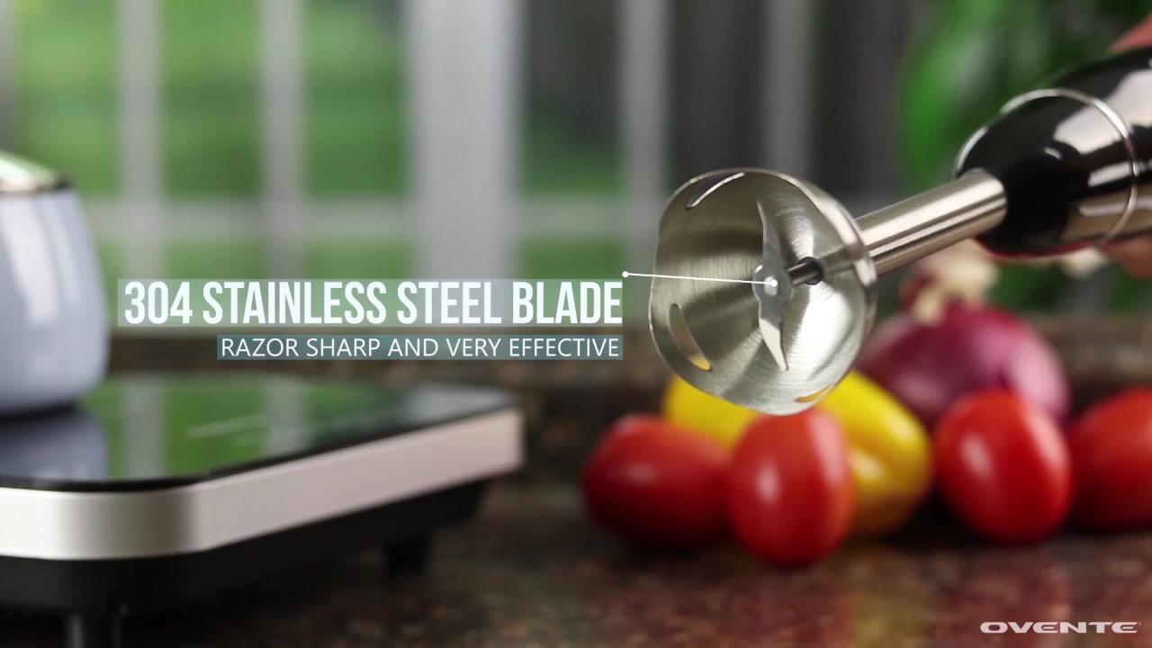 OVENTE Immersion Blender Black Stainless Steel Blades 300-Watt