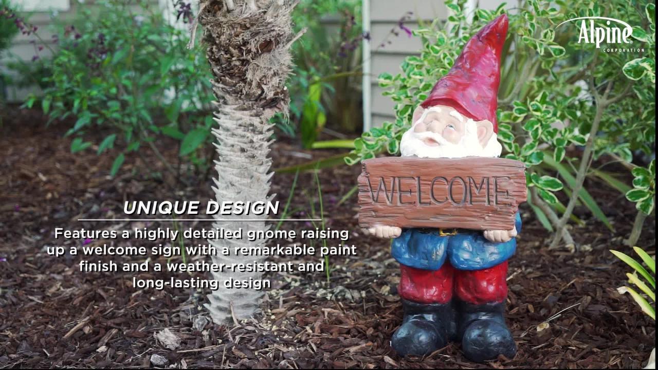 Alpine Corporation 22 in. Tall Outdoor Garden Gnome with Welcome 