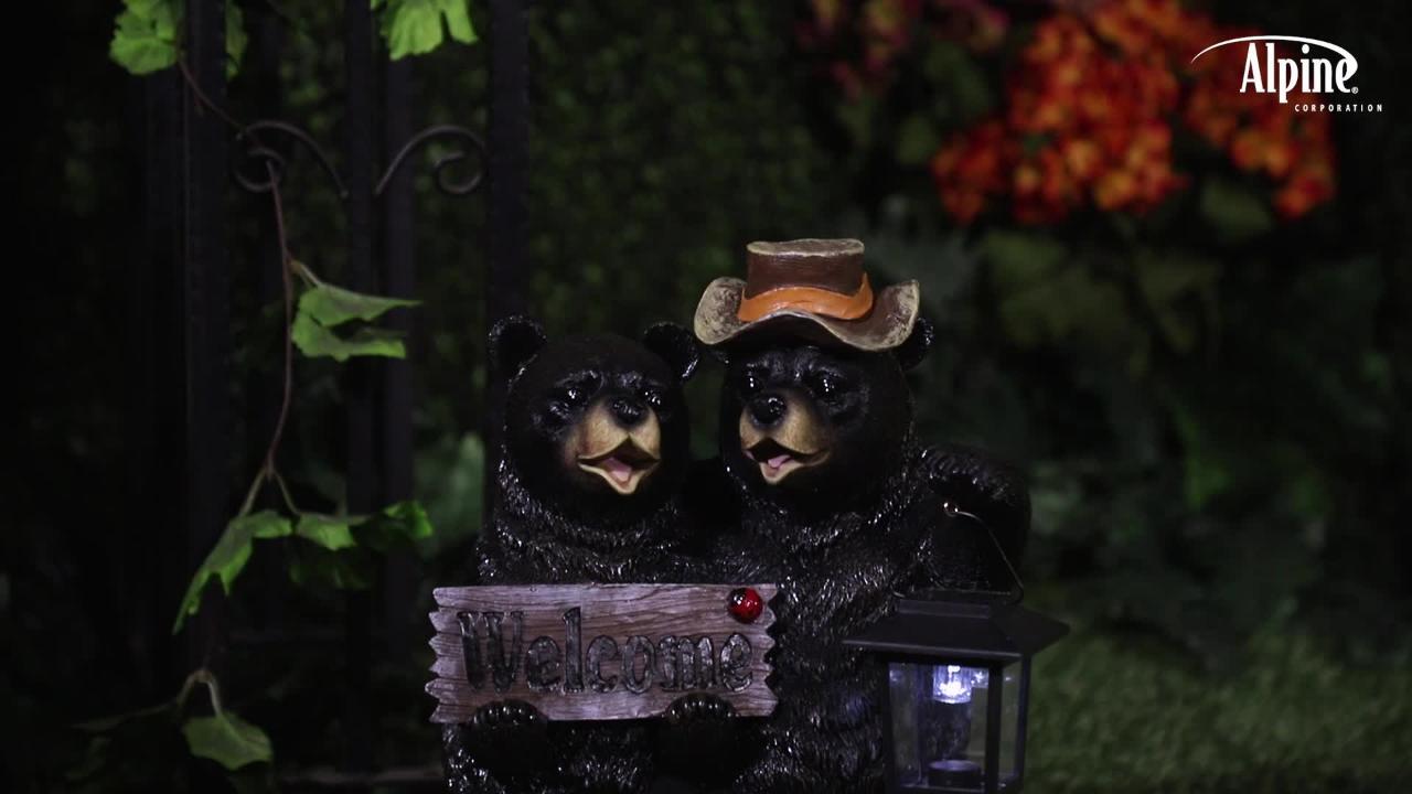 15 in. Tall Outdoor Bear Couple with Lantern and Welcome Sign Statue with  Solar LED Light Yard Art Decoration