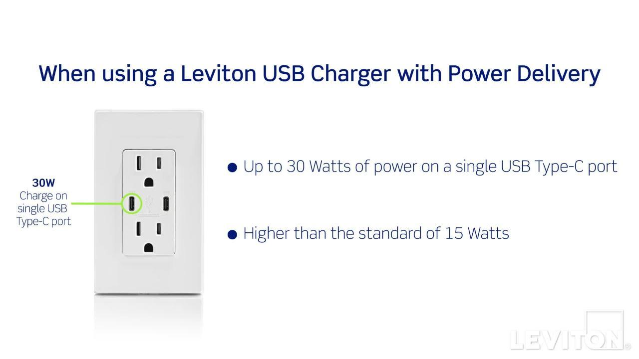 Leviton 30-Watt 6 Amp USB Dual Type-C with Power Delivery In-Wall Charger/15 Amp 125-Volt Tamper-Resistant Outlet, White Leviton 30-Watt 6 Amp USB Dual Type-C with Power Delivery In-Wall Charger/15 Amp 125-Volt Tamper-Resistant Outlet, White