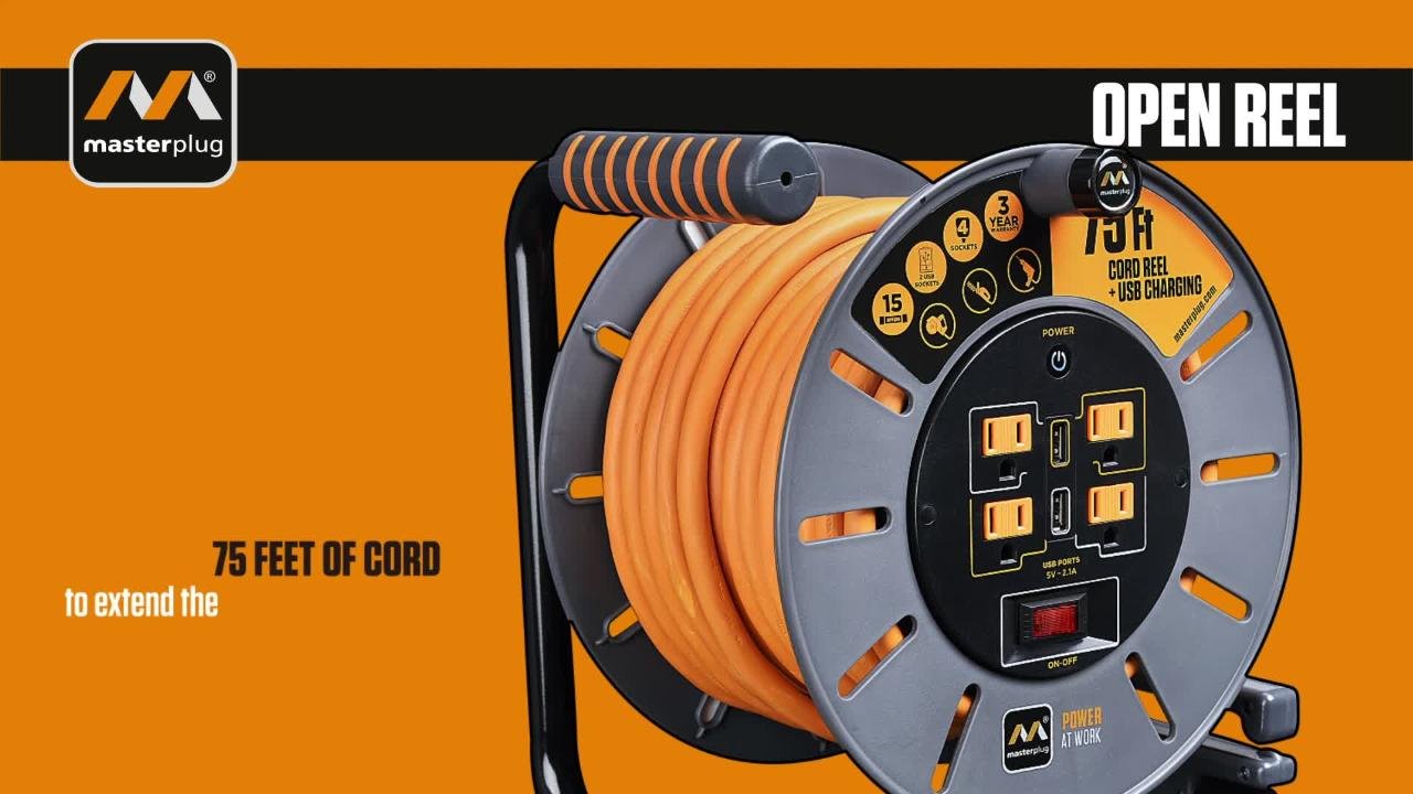 Masterplug 75 ft. 15 Amp 12 AWG Large Open Metal Reel with 4
