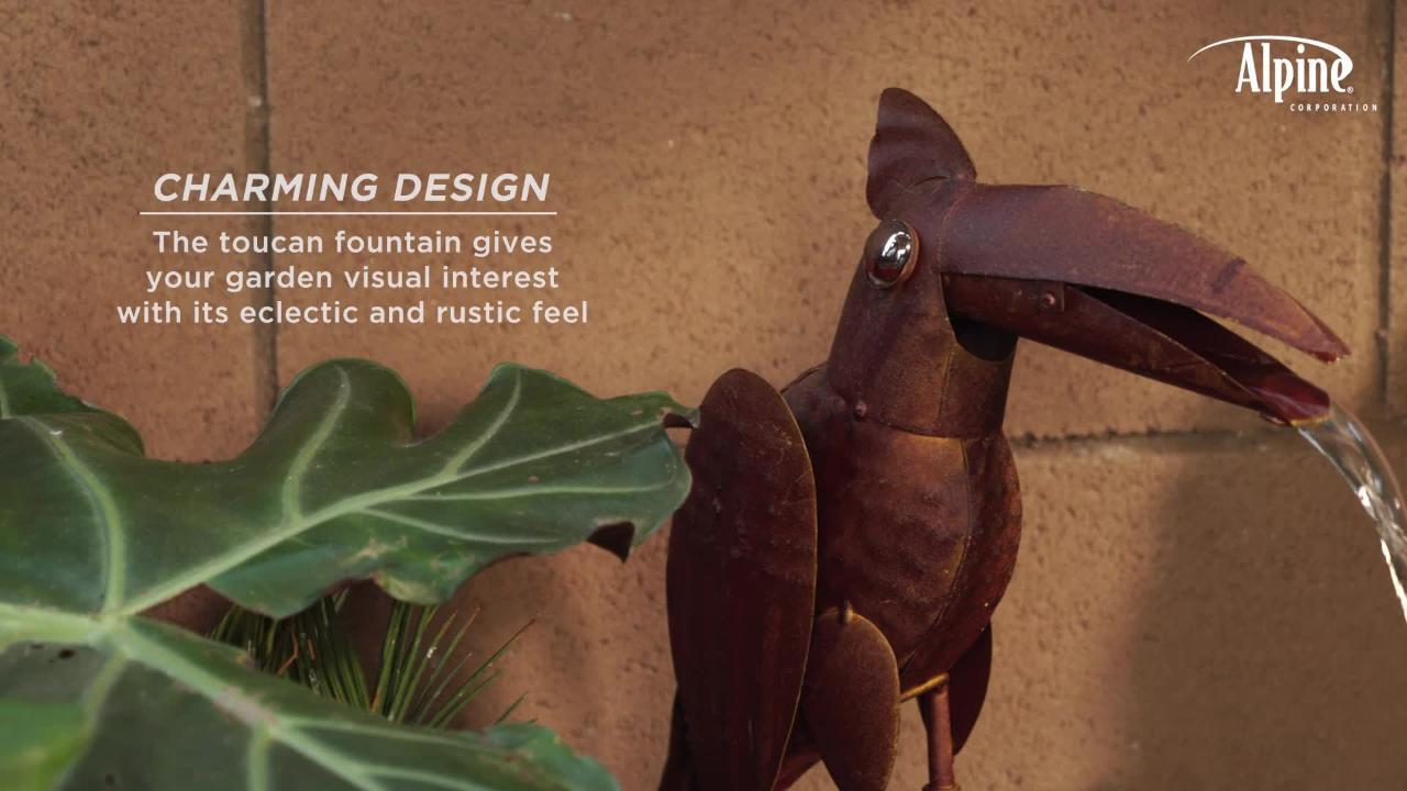 Alpine Corporation - 16 in. Tall Indoor/Outdoor Rustic Metal Toucan Water Fountain Yard Statue Decoration, Brown