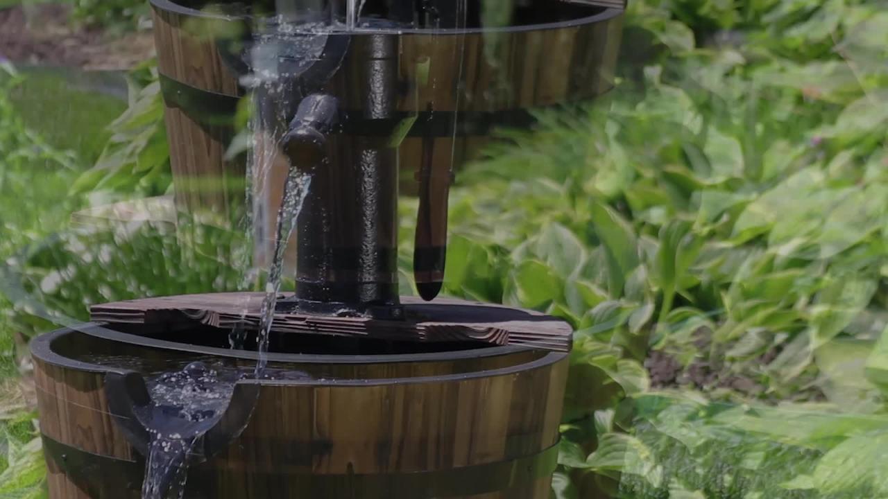 Sunnydaze Rustic 2-Tier Wood Barrel w/ Pump Outdoor Water Fountain Feature 37" 