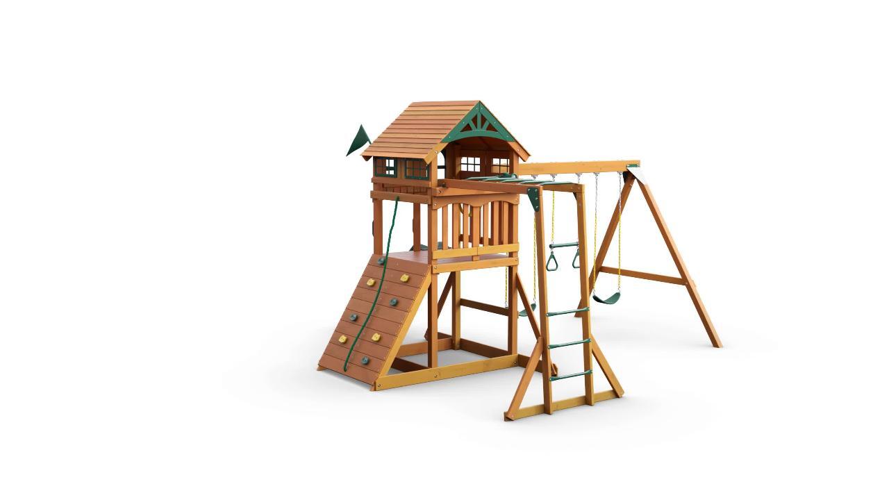 DIY Outing III Wooden Outdoor Playset with Wood Roof, Monkey Bars, Slide,  Swings, and Backyard Swing Set Accessories