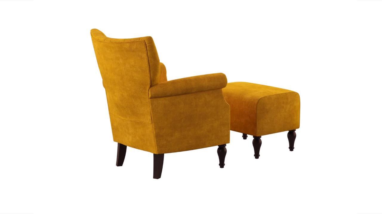 Domesis Button Tufted Rolled Arm Chair and Ottoman Mustard Gold Velvet 