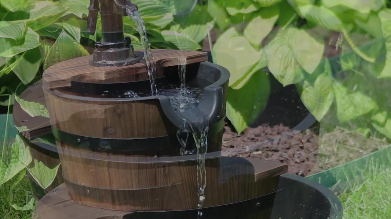 Outdoor Garden Patio Wooden Barrel Wishing Water Fountain W/ Pump Black Knob 