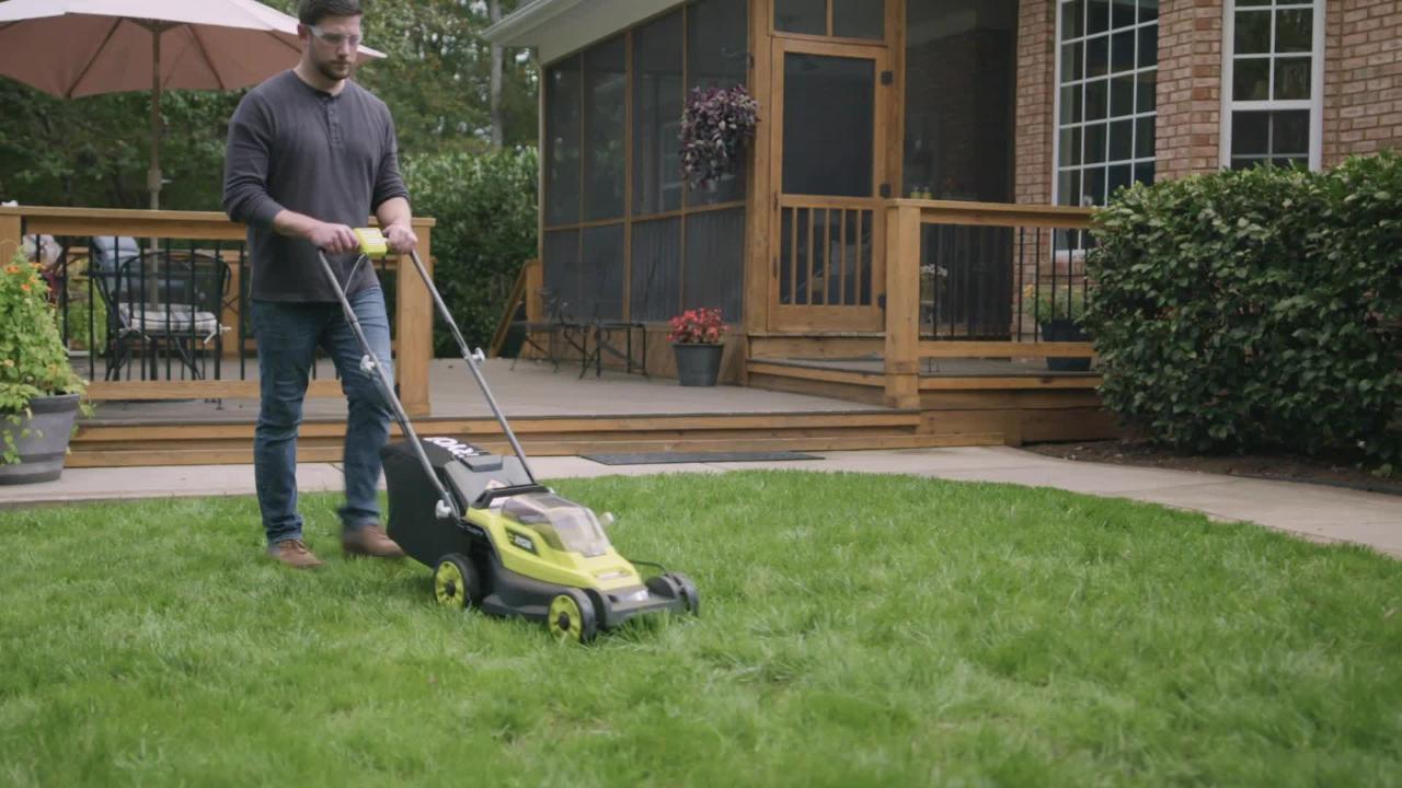 RYOBI ONE+ 18V 13 in. Cordless Battery Walk Behind Push Lawn Mower with 4.0  Ah Battery and Charger P1180 - The Home Depot