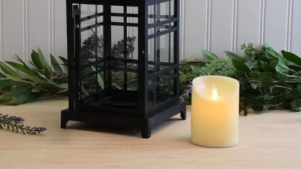 LUMABASE Metal Lantern with Moving Flame LED Candle - Black with
