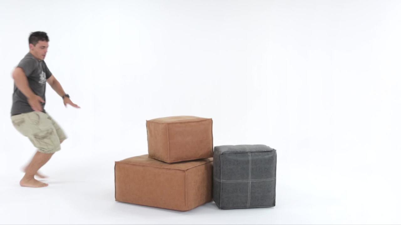Simpli Home Bowen Boho Square Pouf in Black Genuine Leather