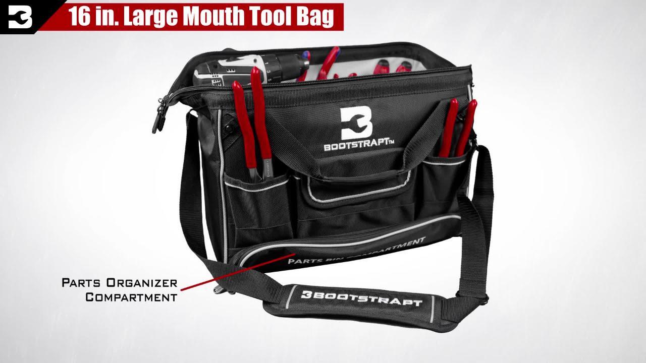 16 in. Large Mouth Tool Bag with Integrated Parts Bin Compartment 16 in. Large Mouth Tool Bag with Integrated Parts Bin Compartment
