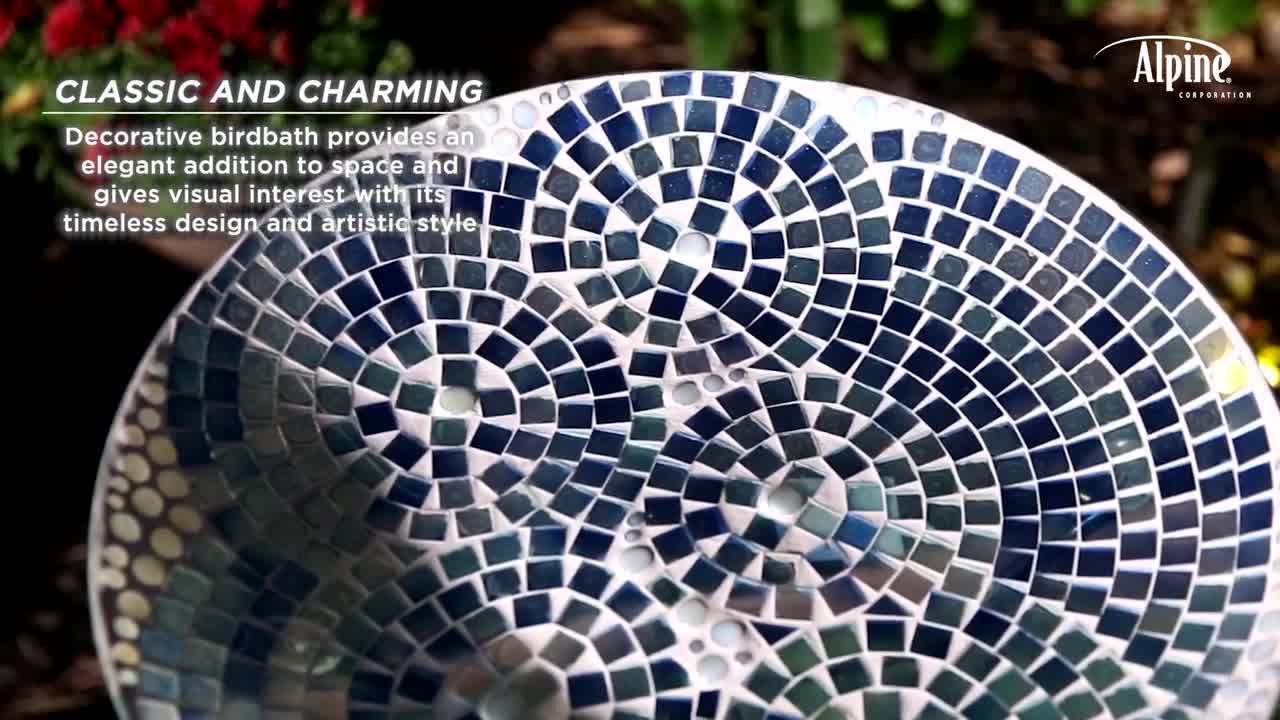 Alpine Corporation - 24 in. Tall Outdoor Mosaic Style Glass Birdbath Bowl with Metal Stand, Blue
