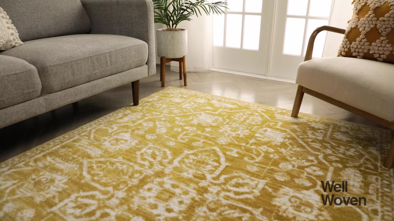 Floral Medallion Rug - Art Deco Area Rug - Yellow and White - Modern Home Decor - factory By Aldari Home