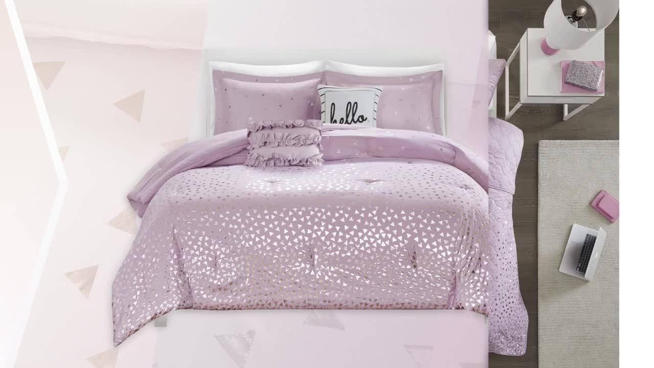 Intelligent Design - Zoey Metallic Triangle Print Comforter Set - Full/Queen - Grey/Silver