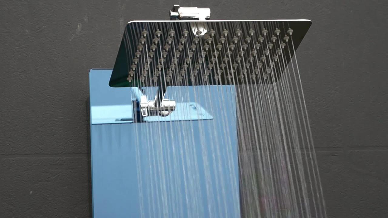 52 in. 8-Jet Shower Panel System in Mirror Silver Tempered Glass with Rainfall Shower Head LED Display Handshower 52 in. 8-Jet Shower Panel System in Mirror Silver Tempered Glass with Rainfall Shower Head LED Display Handshower