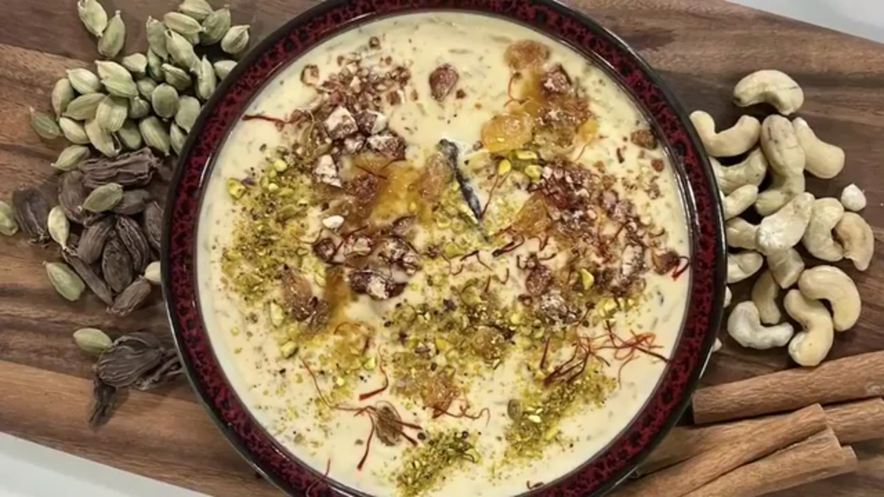 A traditional Diwali Kheer dish with pistachios and almonds