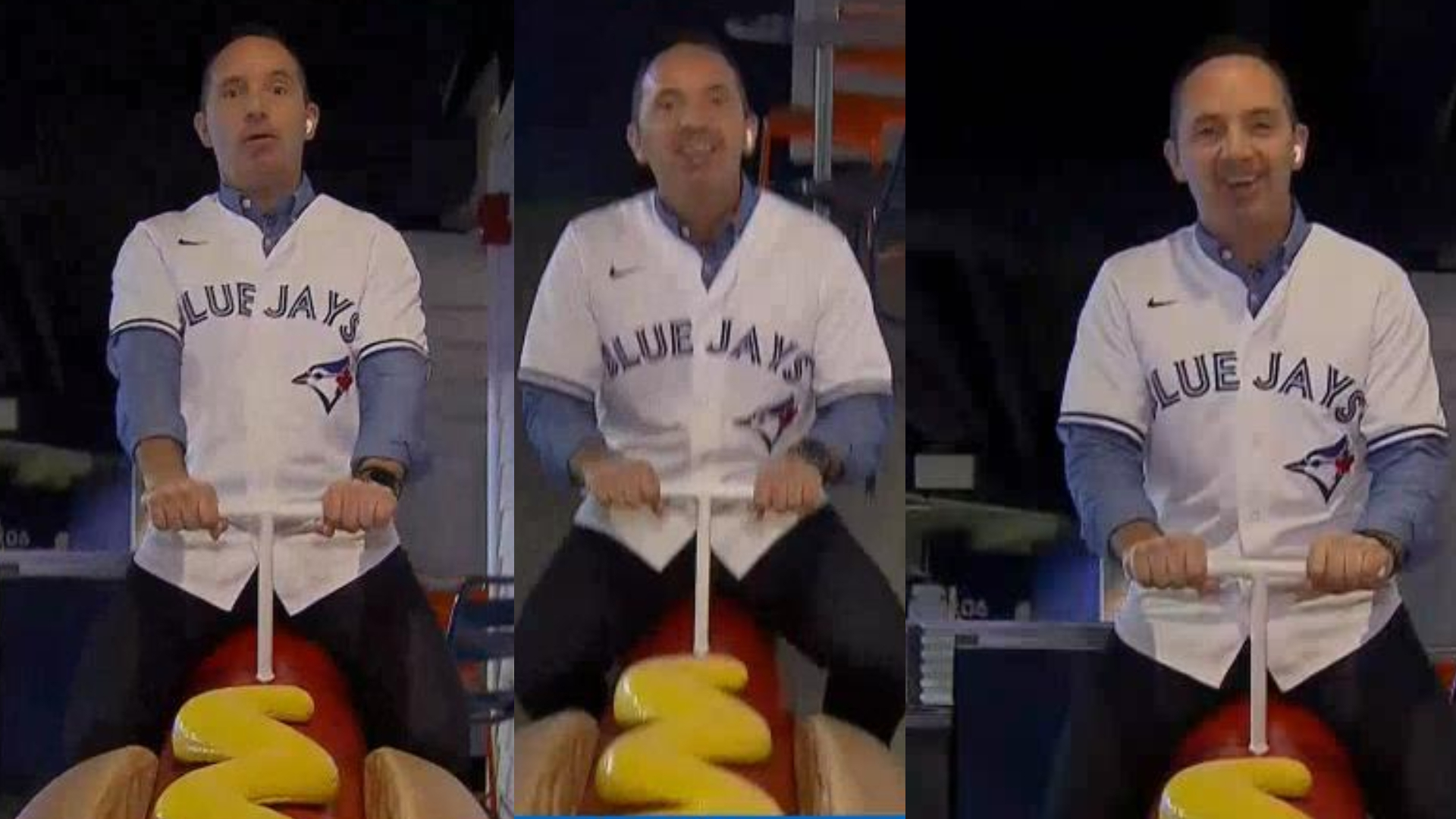 Frankie tests out the Rogers Centre’s new hotdog teeter totter