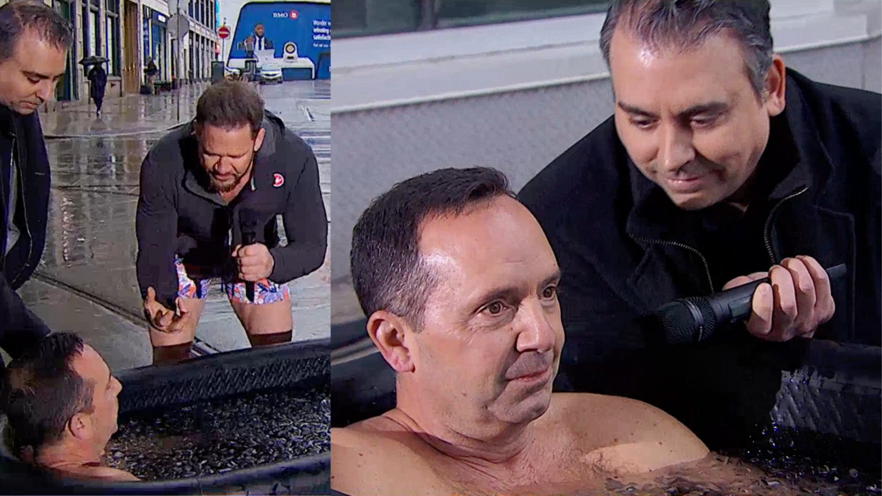 Weatherman Frankie Flowers does a cold plunge LIVE on national television