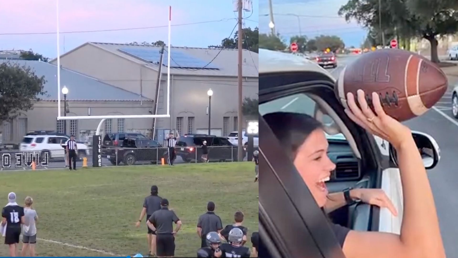 “Draft her!” –  this vehicle passenger just caught a football while driving by a game
