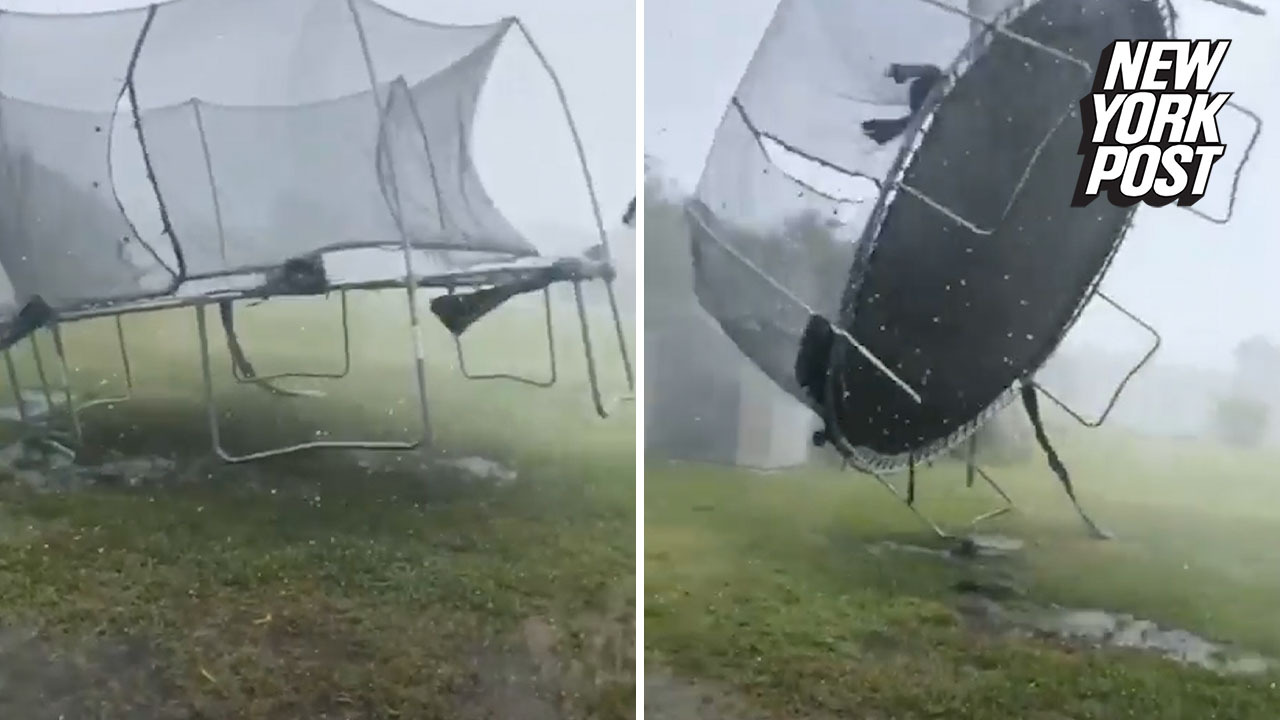 Trampoline Blows Away During Heavy Wind Storm