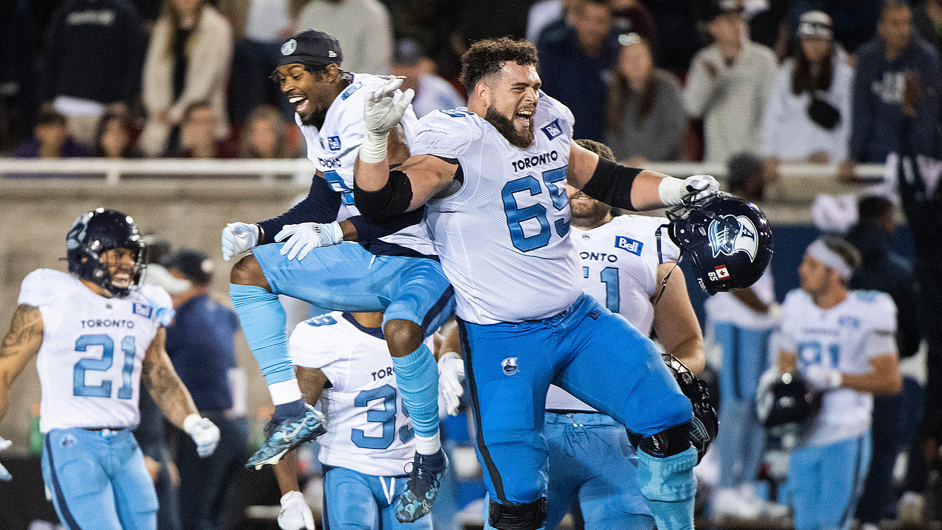 Toronto Argonauts linebacker Henoc Muamba (10) celebrates after making a  tackle against the Montreal Alouettes during the first half of a CFL  Eastern Final football game in Toronto on Sunday, Nov. 13