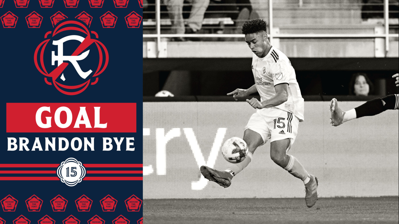 FOXBOROUGH, MA - APRIL 22: New England Revolution defender Brandon Bye (15)  lays the ball off during a match between the New England Revolution and  Sporting Kansas City on April 22, 2023