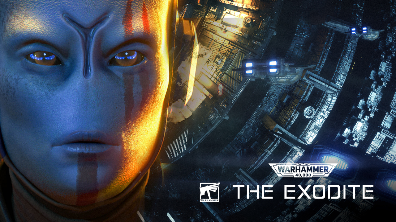Advert for The Exodite, featuring a T'au (a blue-skinned alien) in front of a huge spaceship.