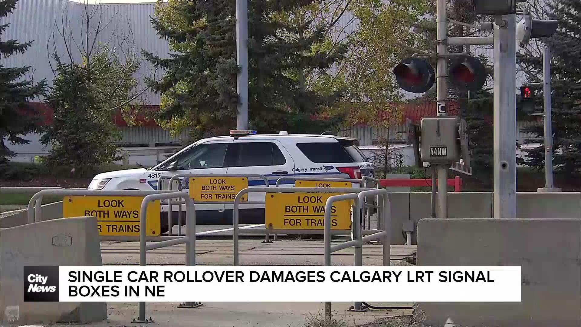 Single-vehicle rollover crashes into transit signal boxes in Calgary's northeast, disrupting LRT service.