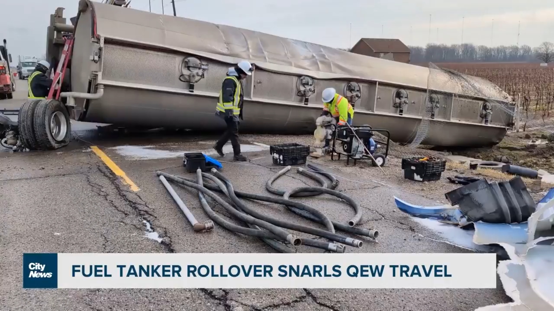 Tanker truck rollover causes day-long shutdown of QEW