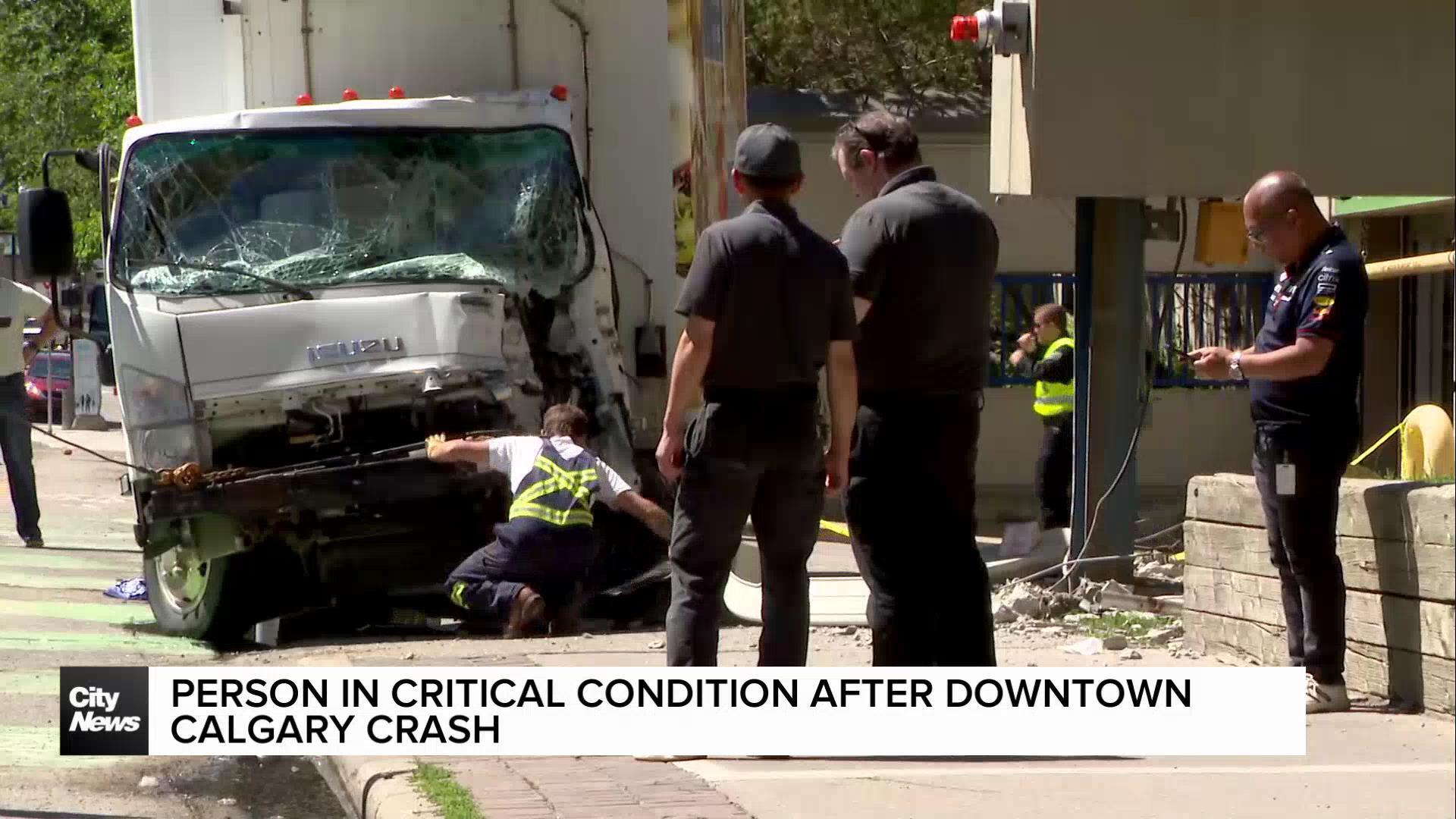 One person critically hurt after truck crashes into building in downtown Calgary