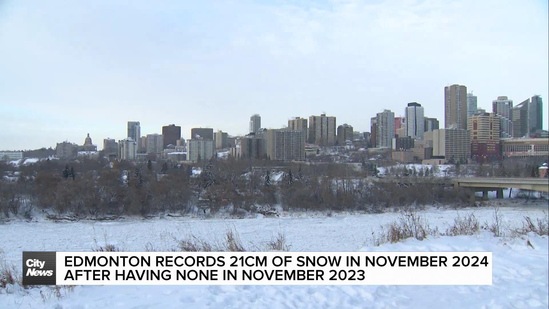 Edmonton records 21 cm of snow in November 2024 after having none in November 2023