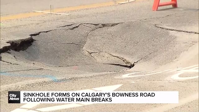 Sinkhole forms on Calgary’s Bowness Road following water main breaks