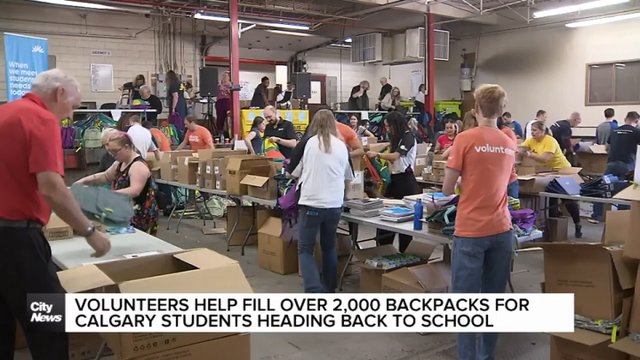 Volunteers help fill over 2,000 backpacks for Calgary students heading back to school