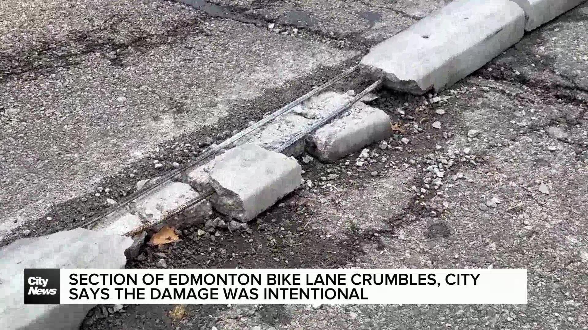 Section of an Edmonton bike lane damage, city says it is intentional