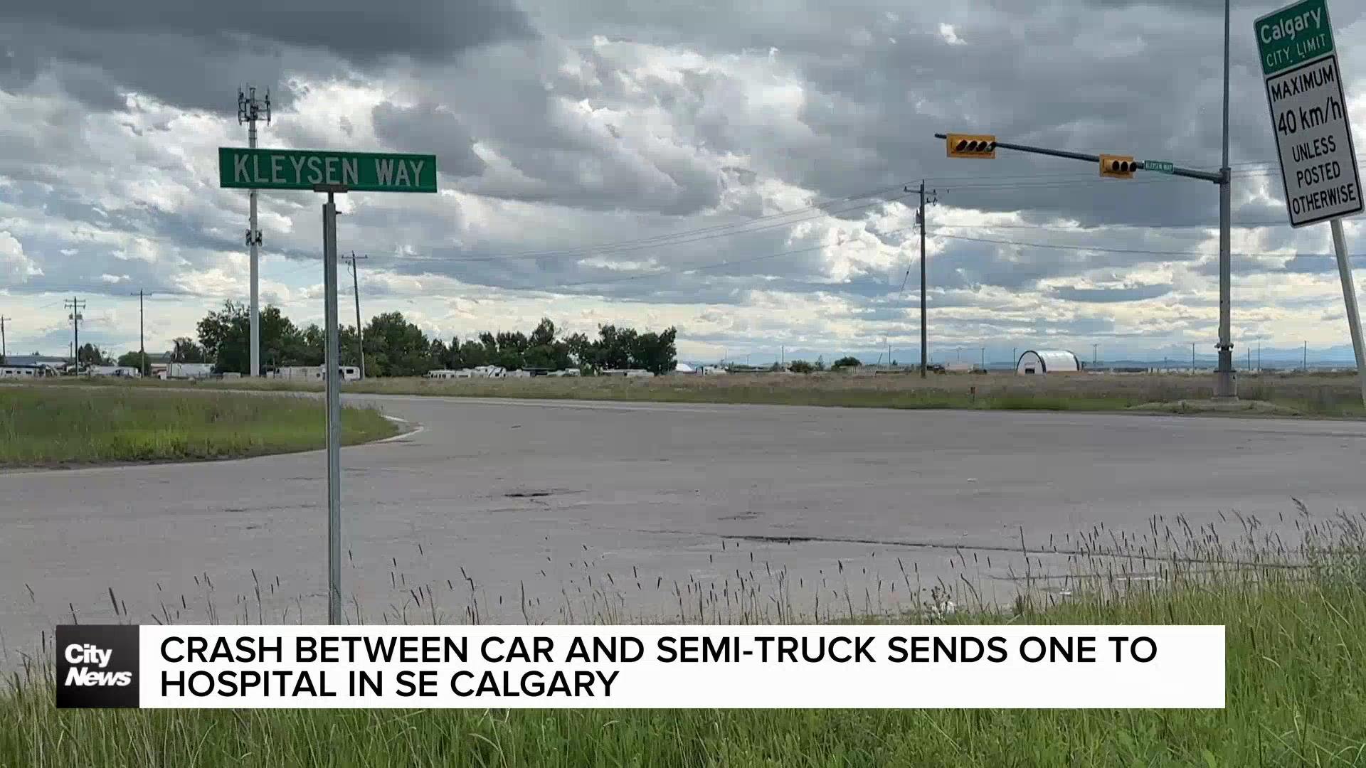 Crash between car and semi-truck sends one to hospital in SE Calgary