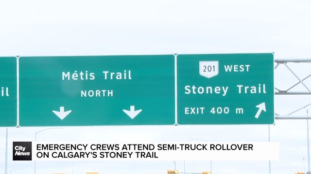 Emergency crews attend Semi-truck rollover in NE Calgary