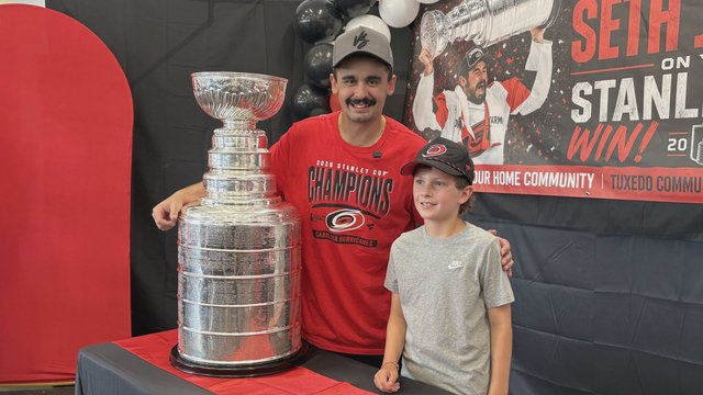 Winnipeg’s Seth Jarvis celebrates his day with the Stanley Cup