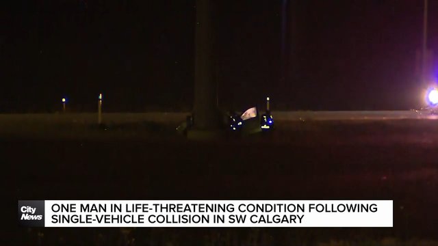 One man has been taken to hospital in life-threatening condition following a single-vehicle collision on Southbound Tsuutina Trail