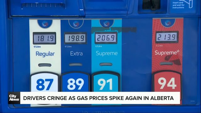Drivers cringe as gas prices spike again in Alberta