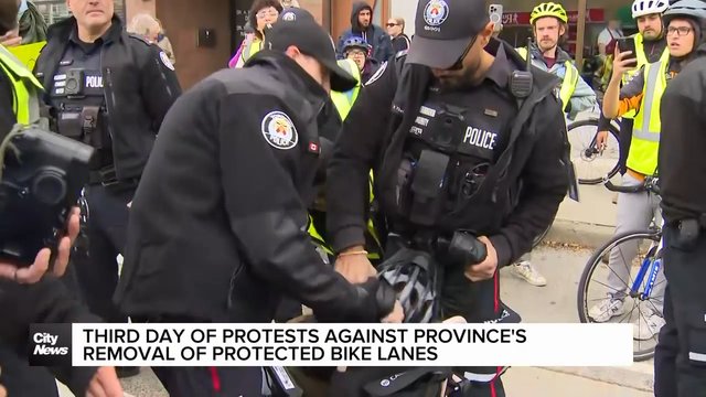 Third day of protests against province's removal of protected bike lanes
