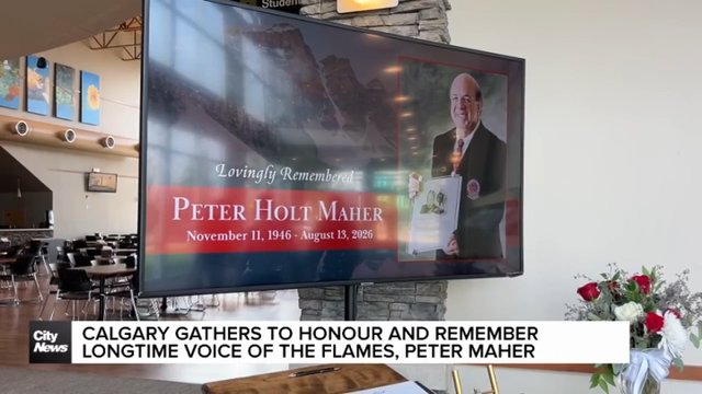 Calgary gathers to honour and remember longtime voice of the Flames, Peter Maher