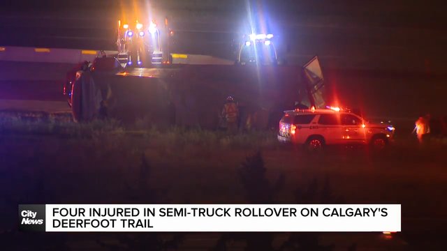Four injured in semi-truck rollover on Calgary's Deerfoot Trail