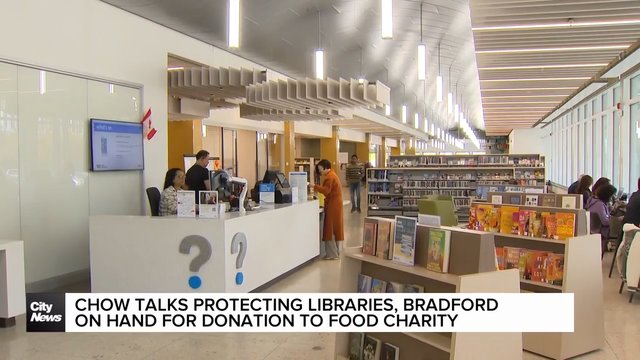 Chow talks protecting libraries, Bradford on hand for donation to food charity