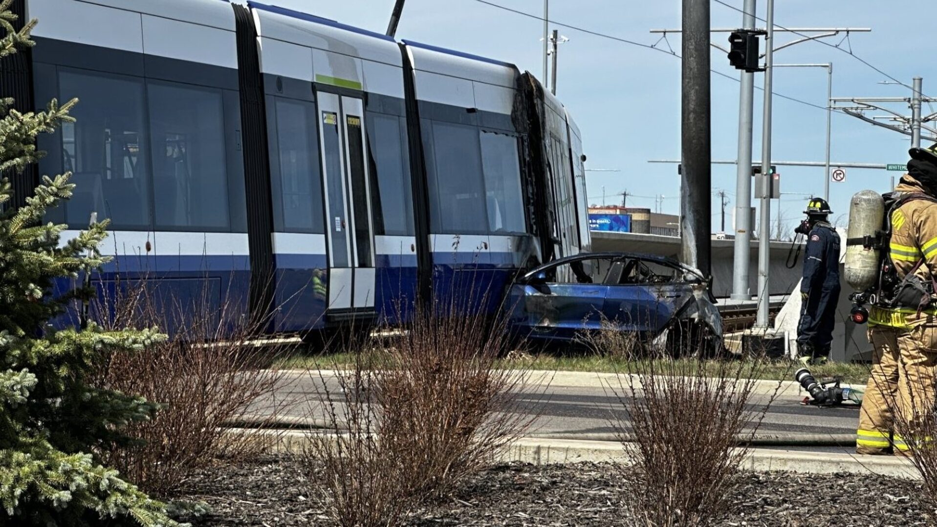 Edmonton firefighters put out blaze after LRT crash with an electric car
