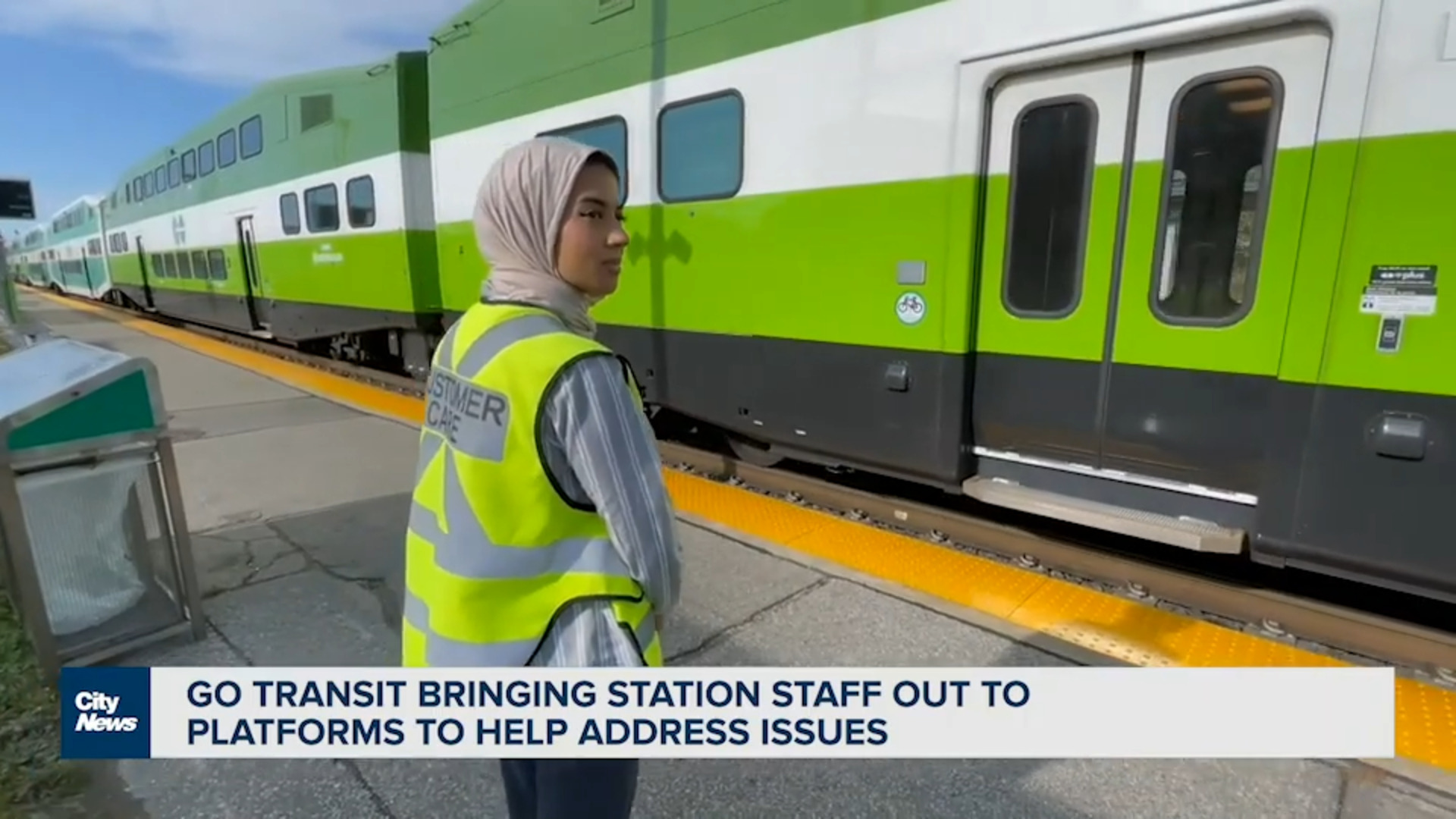 GO Transit station ambassadors being moved onto platforms to help