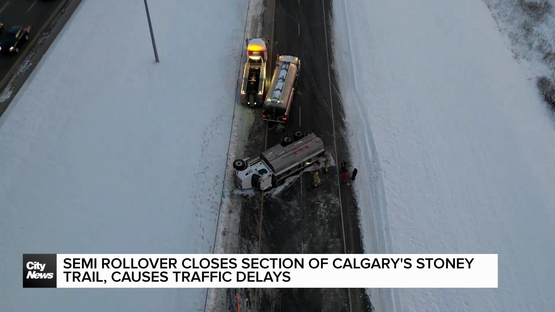 Semi rollover closes section of Calgary's Stoney Trail