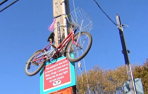 Memorial bicycle sculpture installed along Etobicoke bike lanes