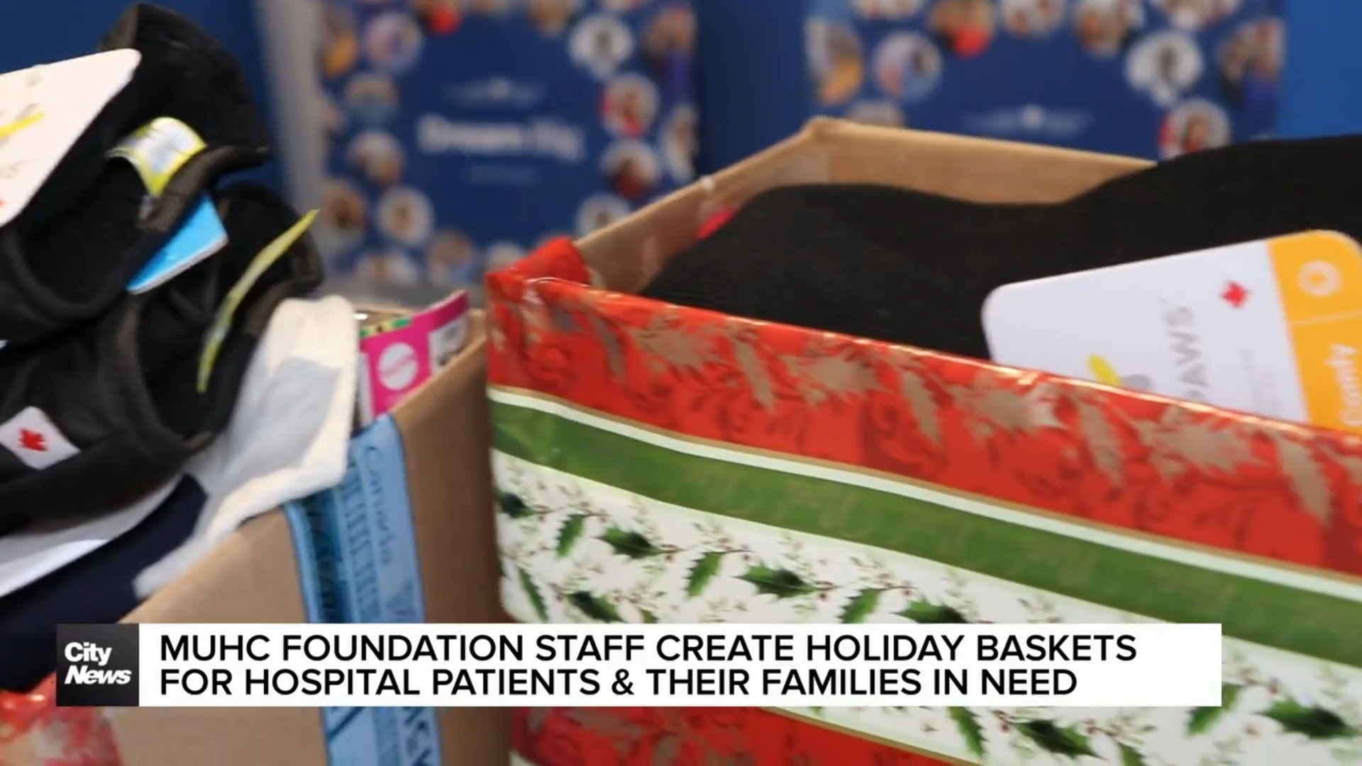 Holiday baskets for patients & families created by MUHC Foundation staff