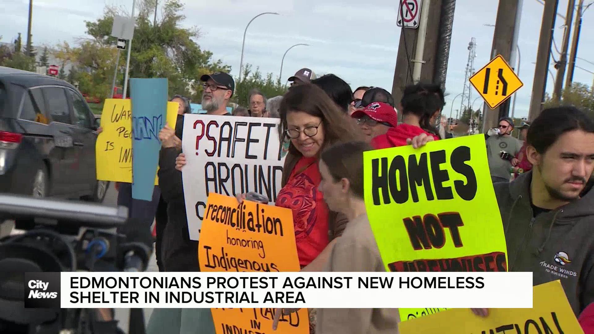 Local community members rally against new homeless shelter in Edmonton’s industrial area